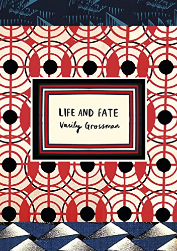 "Book cover with geometric pattern, red, white, and black design, and title 'Life and Fate'."