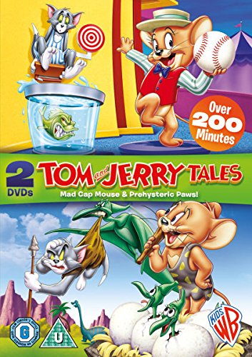 "Tom and Jerry Tales DVD cover featuring cartoon cat and mouse in various comedic scenes."