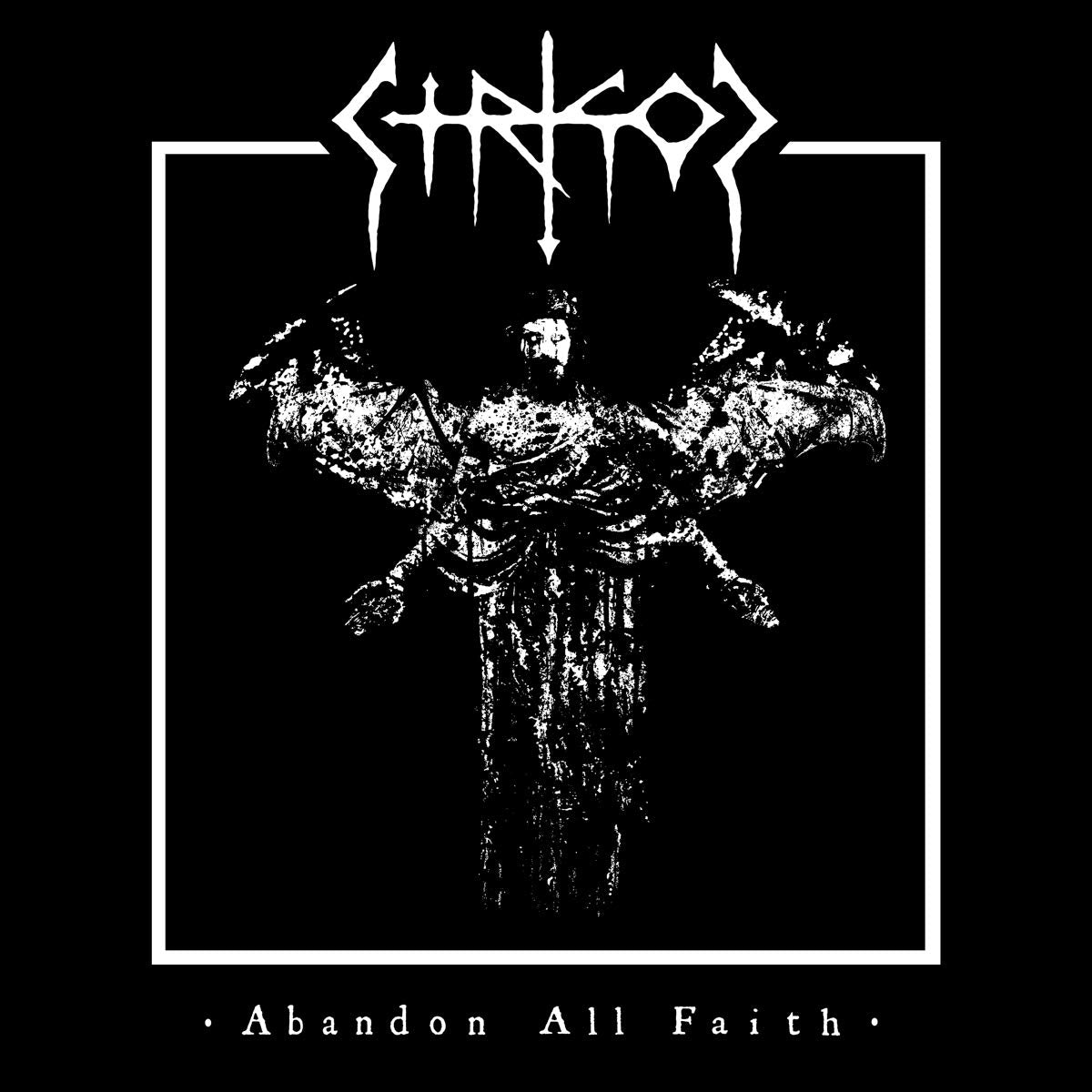 Black album cover with white text and a central figure illustration.