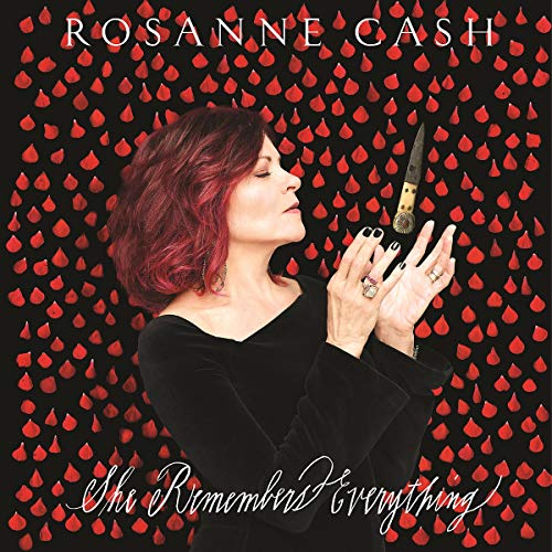 Rosanne Cash album cover: woman holding knife, surrounded by red raindrops on black background.