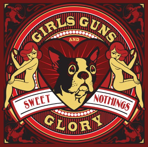Album cover with dog's head, two nude women, and red ornate background.
