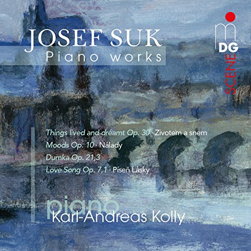 "CD cover with abstract blue landscape, white text listing Josef Suk piano works."