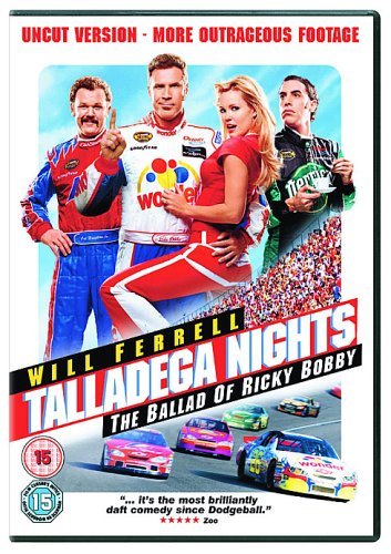 "Talladega Nights" DVD cover featuring Will Ferrell and three NASCAR drivers and a woman.