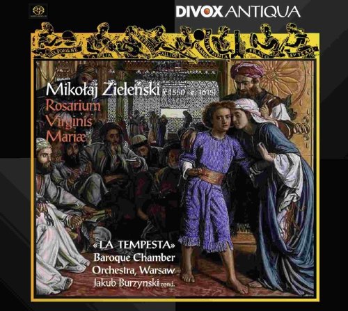 "CD cover with a Renaissance-style painting of people in robes, ornate border."