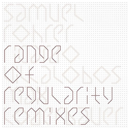 "White vinyl record cover with red text 'range of regularity remixes' on a dotted background."