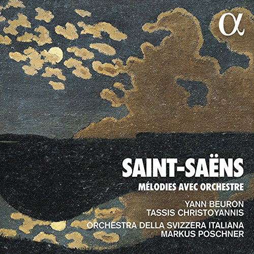 Saint-Saëns CD cover featuring abstract, gold-painted clouds on a dark background with white text.