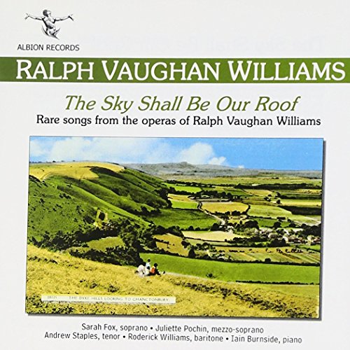 "CD cover with green rolling hills and blue sky, featuring Ralph Vaughan Williams' music."