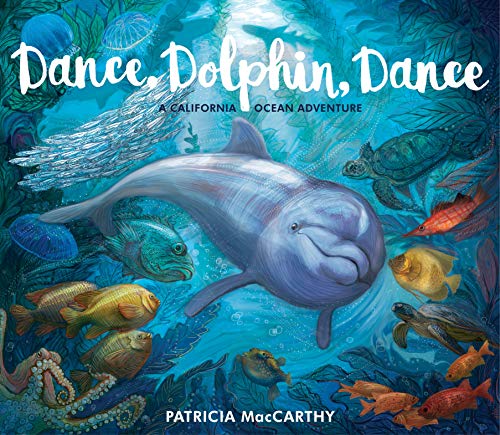 "Book cover featuring a smiling dolphin surrounded by ocean creatures in blue underwater scene."