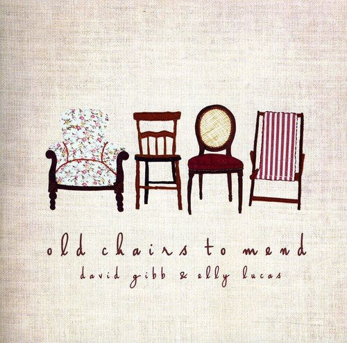 "Album cover with embroidered image of four chairs and artist names on beige background."
