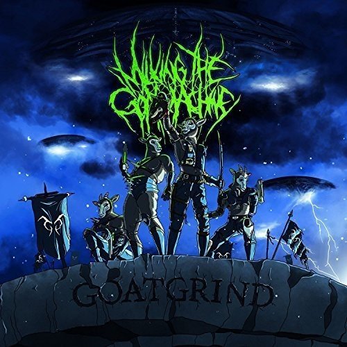 "Album cover art featuring five futuristic warriors on a rocky outcrop with a UFO."