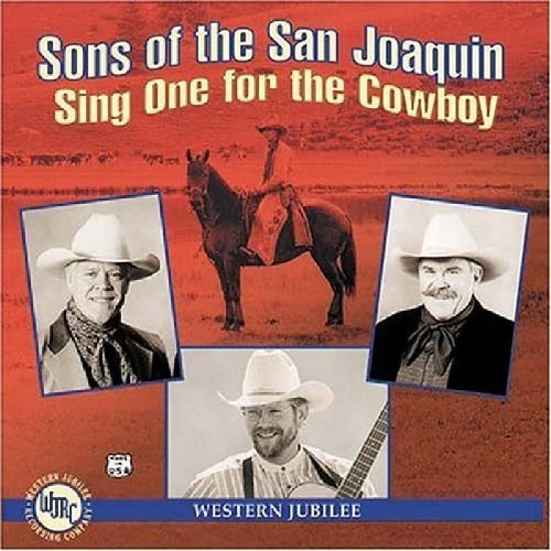 "CD cover with three men in cowboy hats and a horse rider on red background."