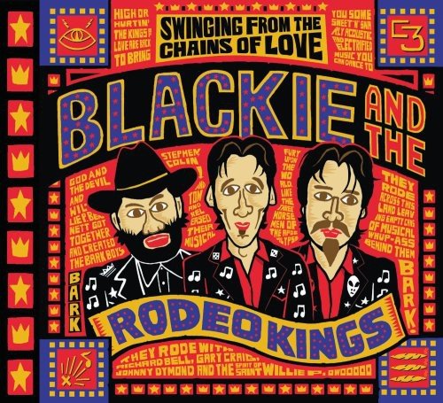 "Album cover featuring cartoon illustrations of three men against a red brick background."