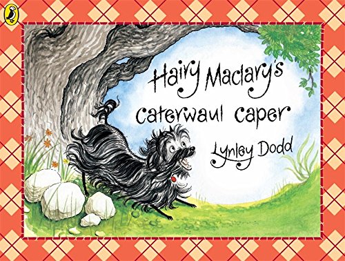 Children's book cover featuring a cartoon dog running under a tree, with red diamond pattern.