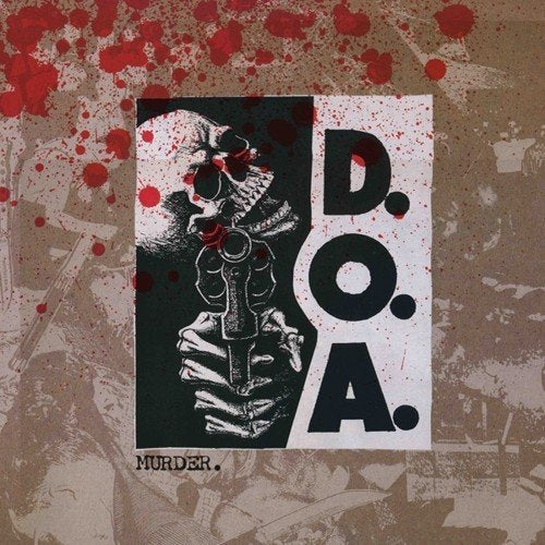 "Album cover with hand holding knife, 'D.O.A.' text, on blood-splattered background."