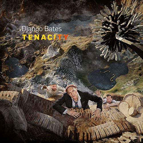 "Album cover for 'Tenacity' by Django Bates, featuring a surreal, fantastical scene."
