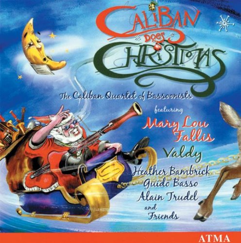 "CD cover featuring cartoon Santa Claus playing bassoon, surrounded by festive elements and text."