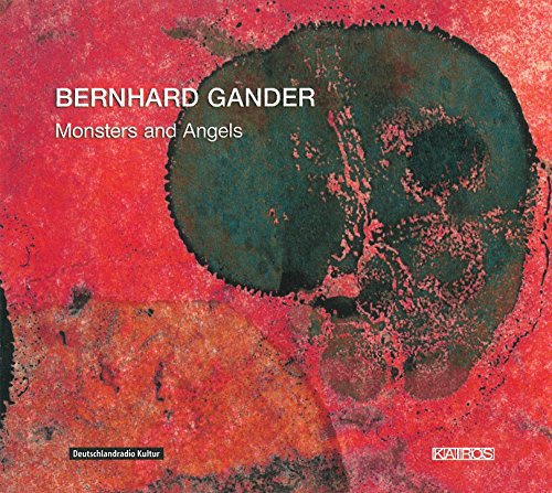 "Album cover with abstract red and green design, featuring Bernhard Gander's 'Monsters and Angels'."