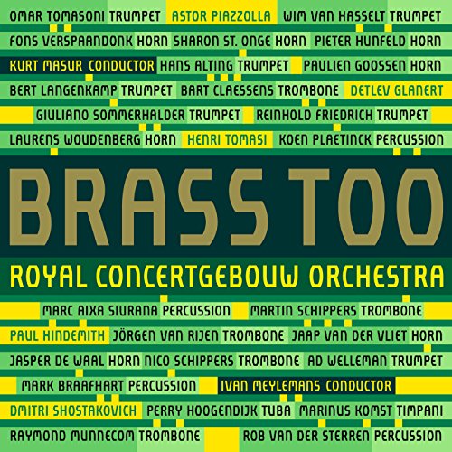 "CD cover with 'BRASS TOO' in gold on green background, listing orchestra members' names."