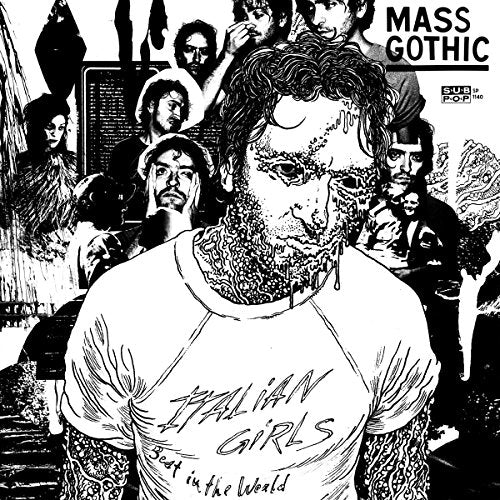 Black and white album cover featuring a man surrounded by people.