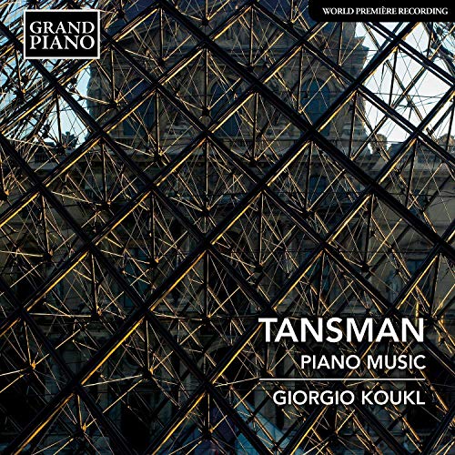 "CD cover featuring a geometric metal structure with 'TANSMAN PIANO MUSIC' and 'GIORGIO KOUKL' text."