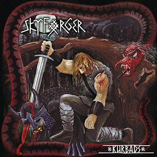 "Album cover art: a warrior fighting a dragon, with 'Skyforger' and 'Kurbads' text."
