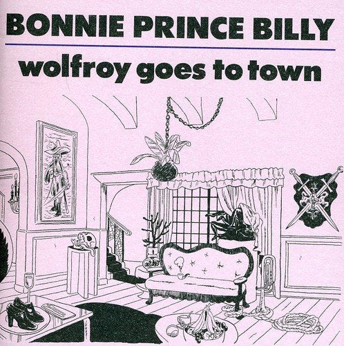 "Album cover with black and white illustration of a messy room on pink background."