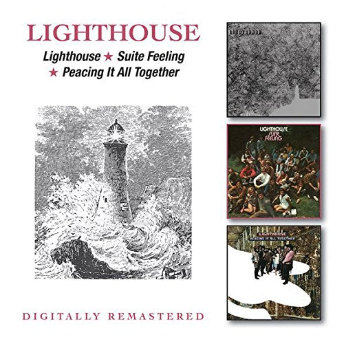"Lighthouse CD cover featuring a black-and-white lighthouse image and three smaller album covers."