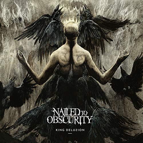 "Album cover art: a bald figure surrounded by black birds and flames."