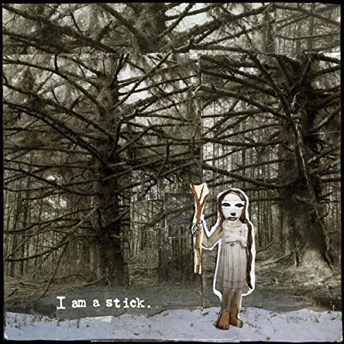 "Album cover with a girl holding a stick in a forest."