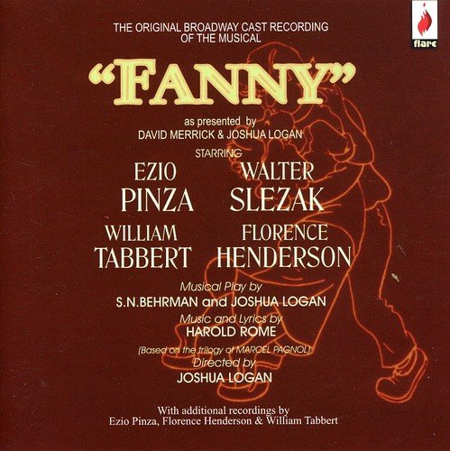 "Fanny" musical CD cover with brown background, yellow title, and orange man illustration.