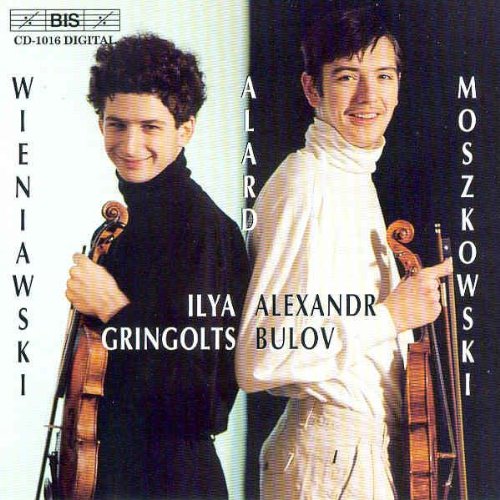 CD cover with two men holding violins, split white and black background.