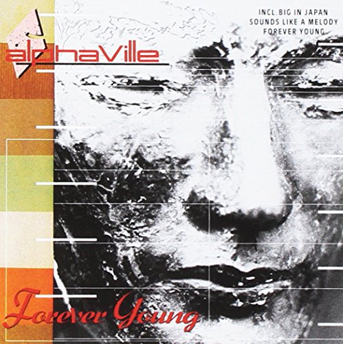 "Alphaville CD cover featuring a black and white face with red text and multicolored border."