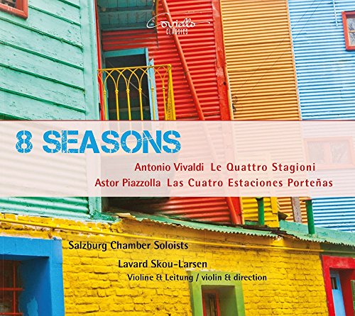 "CD cover featuring colorful building facades and '8 Seasons' title in blue text."