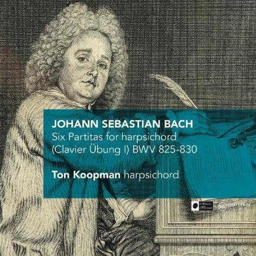 CD cover with a drawing of Johann Sebastian Bach playing the harpsichord.