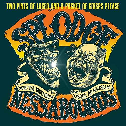 "Album cover with two grotesque faces and text on a dark green background."