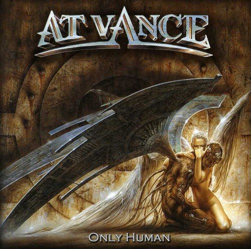 The album cover for "At Vance - Only Human" features a kneeling man and a large scythe.