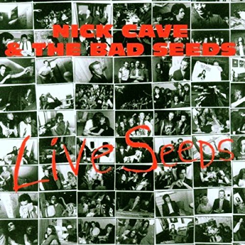 Black and white collage of 40 small photos featuring a band performing.