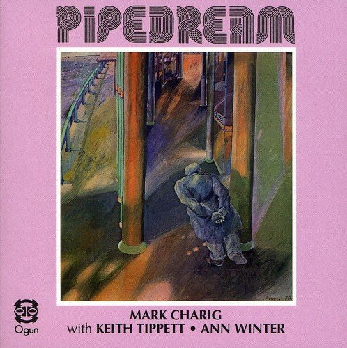 Pink album cover with abstract painting of a person standing between pipes.