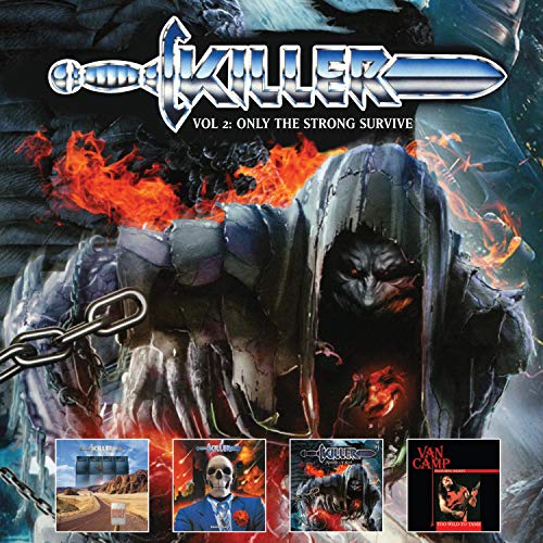 The image depicts a CD cover for "Killer - Volume Two ~ Only The Strong Survive". Here is a concise, descriptive alt text: Grim reaper figure with flames, surrounded by four album covers.