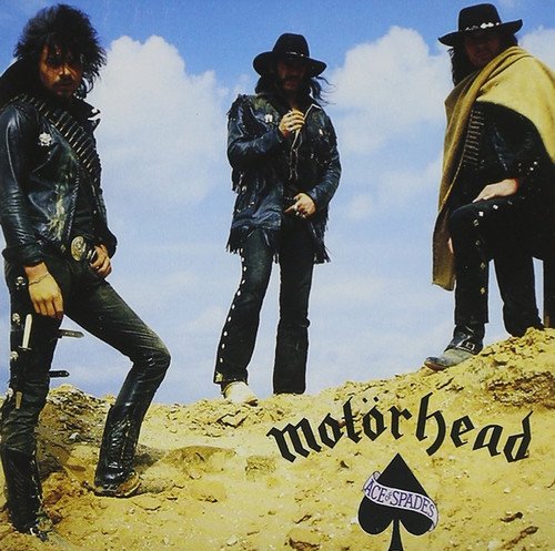 "Motörhead album cover with three band members standing on a rocky hill."