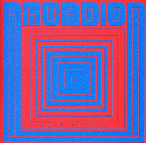 The image depicts the album cover for "Arcadion" with a bold, red and blue color scheme. The title "Arcadion" is prominently displayed in large, stylized blue letters at the top, while the phrase "More" is written in smaller text at the bottom. The background features a series of concentric squares in alternating red and blue hues, creating a visually striking design. A concise alt text for this image could be: "Red and blue album cover with 'Arcad