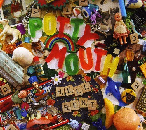 "Album cover with 'Potty Mouth' in colorful letters, surrounded by various toys and trinkets."