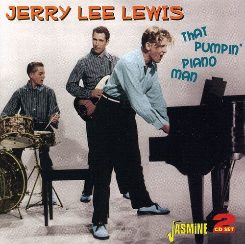 "CD cover featuring Jerry Lee Lewis playing piano with two band members."