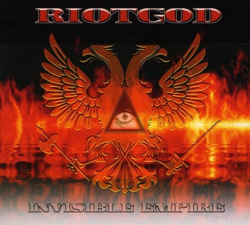 "Album cover with fiery background, golden eagle, and all-seeing eye in a triangle."