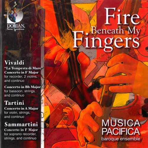 "CD cover with hands holding violins, titled 'Fire Beneath My Fingers' in white text."