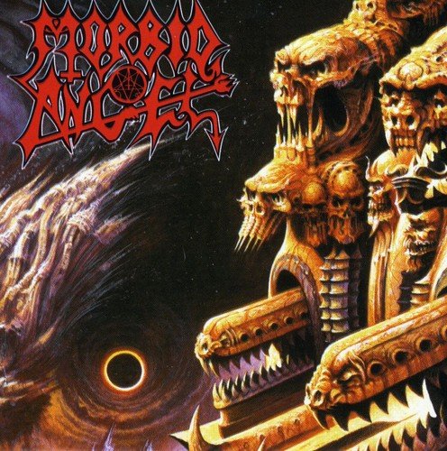 "Album cover with red 'Morbid Angel' logo and grotesque, skull-like structures against a dark background."