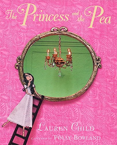 "Book cover: 'The Princess and the Pea' with a girl climbing a ladder."