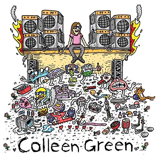 The image shows a cartoon illustration of a vinyl record cover. Alt text: Cartoon illustration of a woman sitting on a stack of speakers amidst chaotic debris.