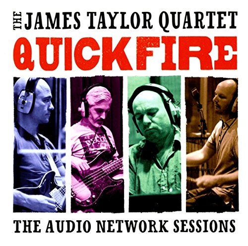 Album cover with four musicians wearing headphones, playing instruments in a recording studio.