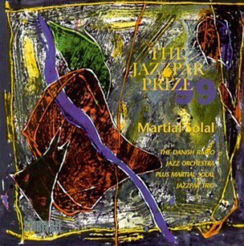 "Jazz album cover with abstract, multicolored painting and yellow text."
